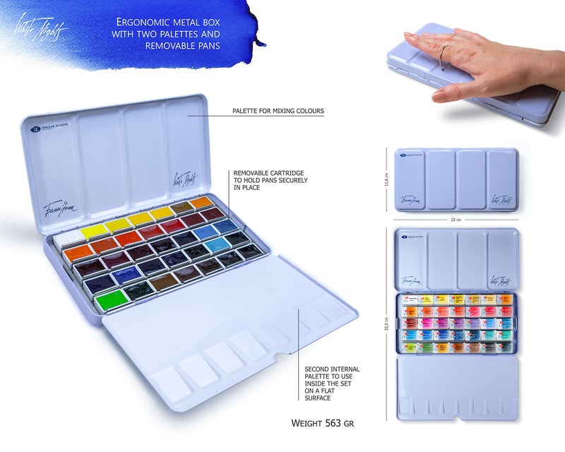 White Nights Extra Fine Watercolor Set 35 Full Pans (2.5ml), Artist-Grade, High-Pigment, Vibrant & Lightfast Colors in Durable Metal Case, Art Supplies by Nevskaya Palitra - Image 4